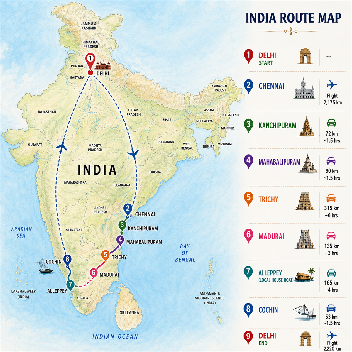 South India Heritage Tour Map 
